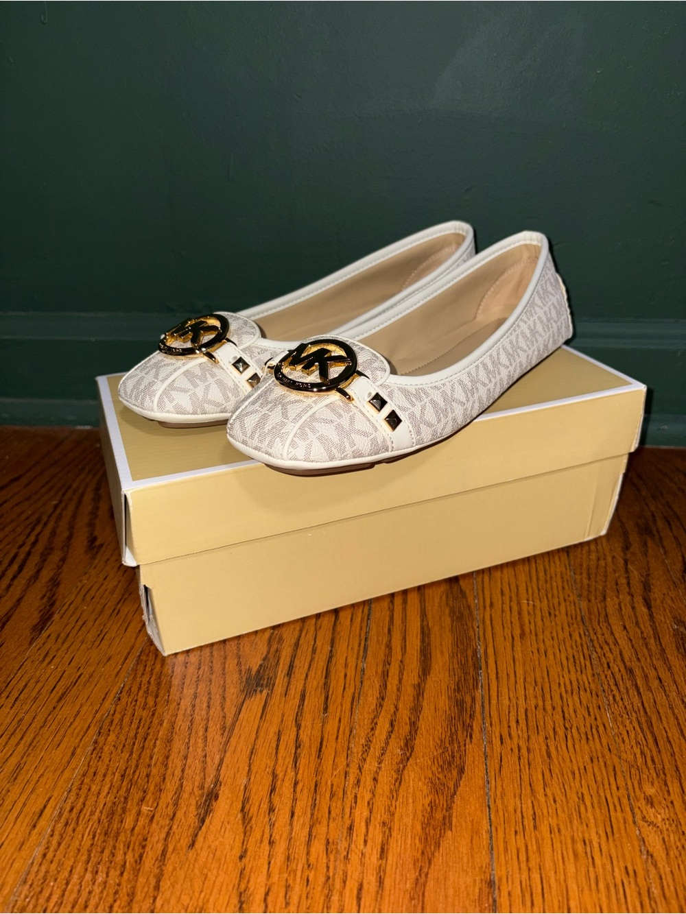Michael Kors Women's White Logo Ballet Flat with Gold MK Accent - Picture 2 of 6